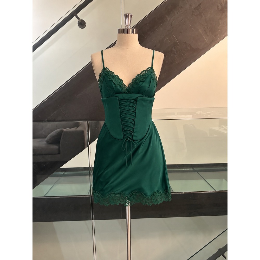House of CB Soraya Pine Green Satin Lace Trim Mini Dress with Corset Belt XS